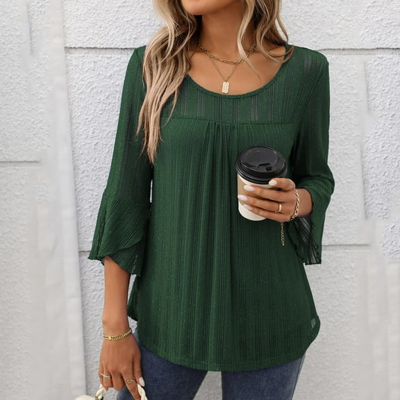 LYEAA Women Sparkling Mesh 3/4 Sleeve Tops Round Neck Chiffon Blouse Solid Color Shiny Casual Tops for Summer Outdoor Party Night Out Daily Wear Army Green XL