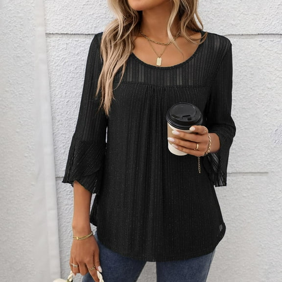 LYEAA Women Sparkling Mesh 3/4 Sleeve Tops Round Neck Chiffon Blouse Solid Color Shiny Casual Tops for Summer Outdoor Party Night Out Daily Wear Black S