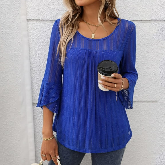 LYEAA Women Sparkling Mesh 3/4 Sleeve Tops Round Neck Chiffon Blouse Solid Color Shiny Casual Tops for Summer Outdoor Party Night Out Daily Wear Blue L