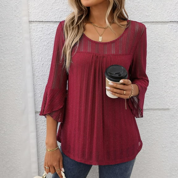 LYEAA Women Sparkling Mesh 3/4 Sleeve Tops Round Neck Chiffon Blouse Solid Color Shiny Casual Tops for Summer Outdoor Party Night Out Daily Wear Red S