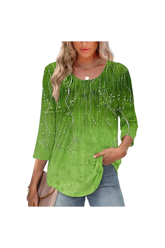 Women Spring Botanical Print 3/4 Sleeve Tops Round Neck Casual Shirt Breathable Cotton Beach Cover Up Resort Style Summer Loose Fit Blouse Green XXL