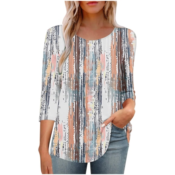 LYEAA Women Spring Botanical Print 3/4 Sleeve Tops Round Neck Casual Shirt Breathable Cotton Beach Cover Up Resort Style Summer Loose Fit Blouse Multicolor S