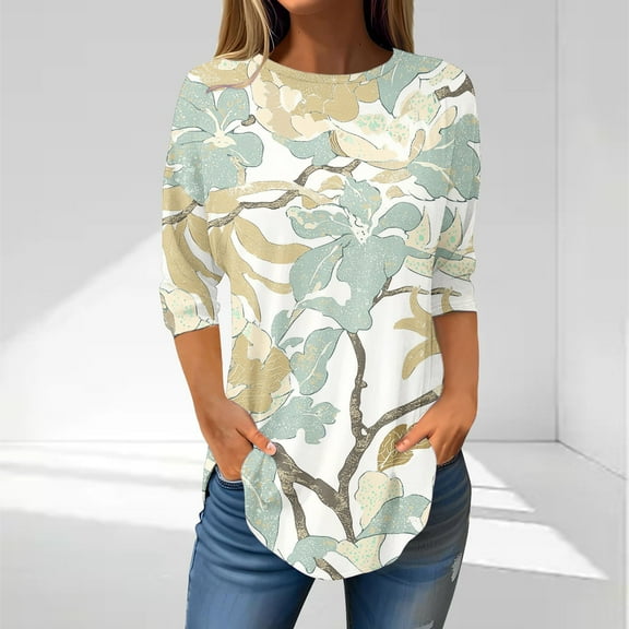 LYEAA Women Spring Casual 3/4 Sleeve Printed Tops Easter Bunny Round Neck Pullover Blouse Coffee Date Outfits Beige M