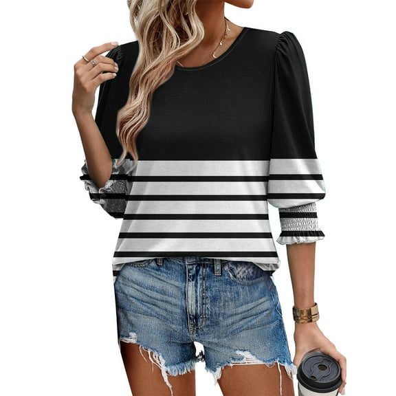 LYEAA Women Stretchy Ombre Print Tops Three Quarter Sleeve Elastic Cuff Round Neck Blouse Lightweight Casual Beach Vacation Clothes for 2025 Black S