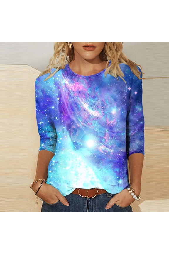 Women Three Quarter Sleeve Casual Tops Cosmic Pattern Relaxed Fit T-Shirt Breathable Cotton Blend for Gym,Beach,Office Multicolor XXXXXL