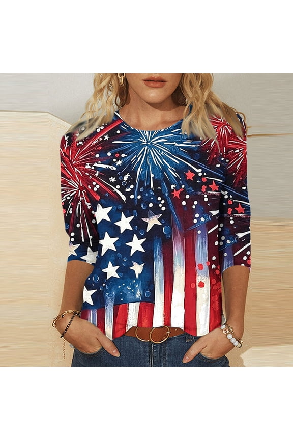 Women Three Quarter Sleeve T-Shirt 4th of July USA Flag Print Round Neck Cotton Top Independence Day Patriotic Casual Summer Blouse Navy L