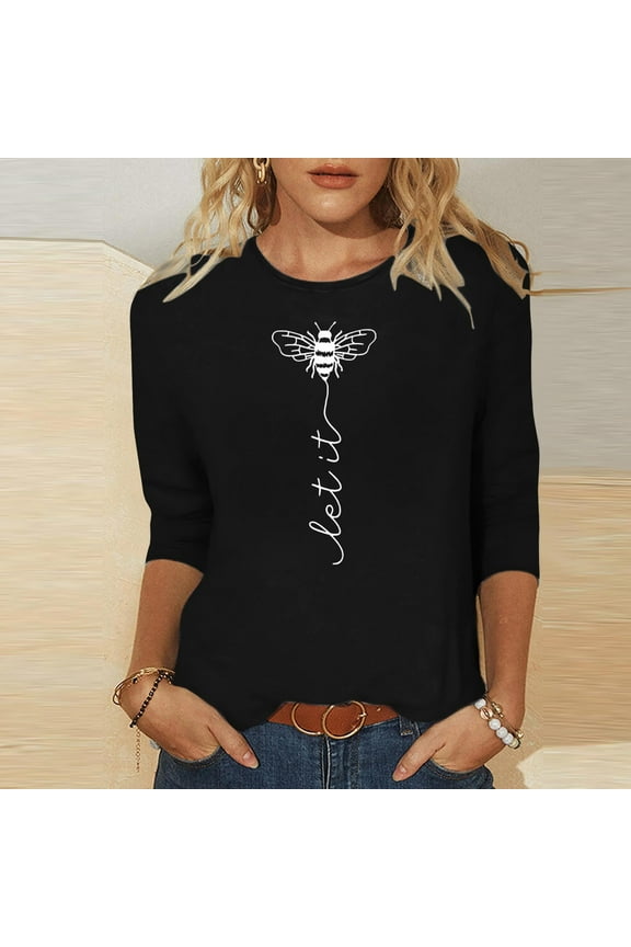 Women Three Quarter Sleeve T-Shirt Abstract Pattern Loose Fit Casual Top Breathable Fabric Summer Daily Wear US Size S-XXL Black M