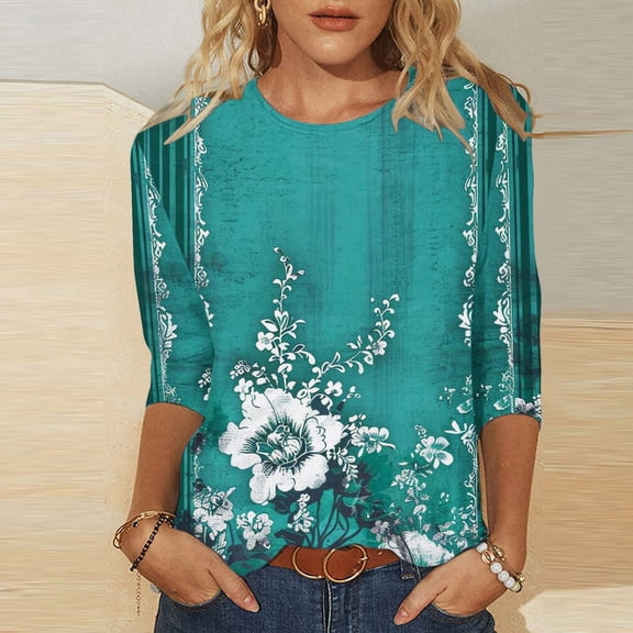 LYEAA Women Three Quarter Sleeve T-Shirt Abstract Pattern Loose Fit Casual Top Breathable Fabric Summer Daily Wear US Size S-XXL Green XXL