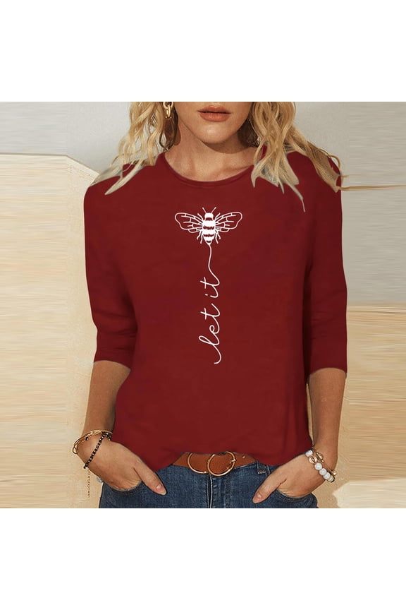 Women Three Quarter Sleeve T-Shirt Abstract Pattern Loose Fit Casual Top Breathable Fabric Summer Daily Wear US Size S-XXL Wine M