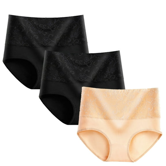 LYEAA Women Underwear 100% Cotton Brief 3 Pack Plus Size High Waisted Cool Breathable Comfort Solid Lace Daily Panties Full Fashionable Underpants Beige L