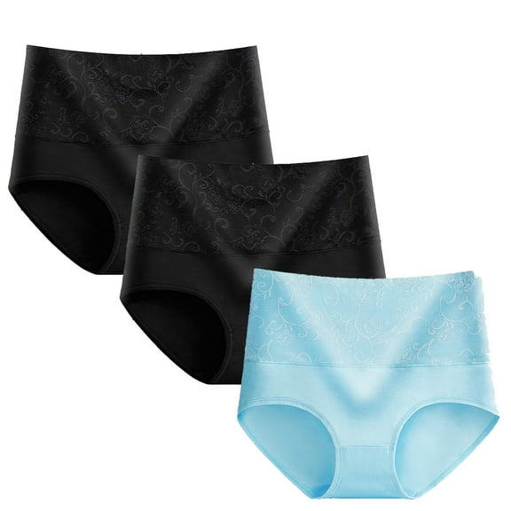 LYEAA Women Underwear 100% Cotton Brief 3 Pack Plus Size High Waisted Cool Breathable Comfort Solid Lace Daily Panties Full Fashionable Underpants Blue L