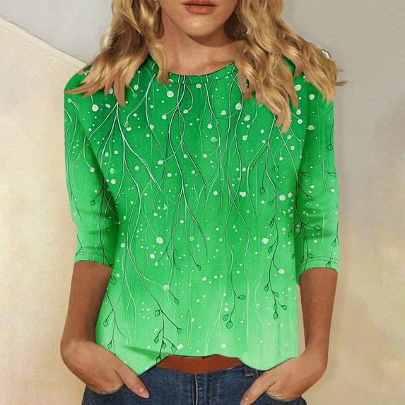 LYEAA Women Vintage Stripe 3/4 Sleeve T-Shirt Cotton Loose Fit Casual Top with Round Neck, Comfortable Daily Wear for Office Weekend Green XL