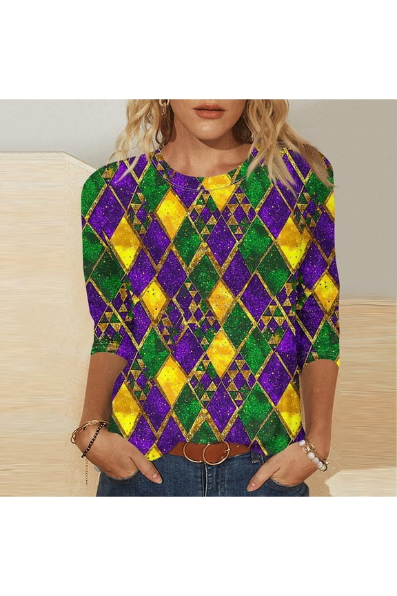 Women Watercolor Floral 3/4 Sleeve Tops Round Neck Stretchy T-Shirt with Hidden Side Pockets for Shopping Trips Amusement Park Visits Purple XXL