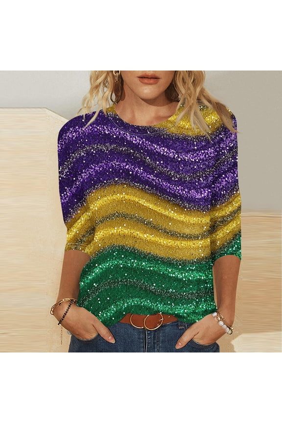 Women Watercolor Floral 3/4 Sleeve Tops Round Neck Stretchy T-Shirt with Hidden Side Pockets for Shopping Trips Amusement Park Visits Purple XXL