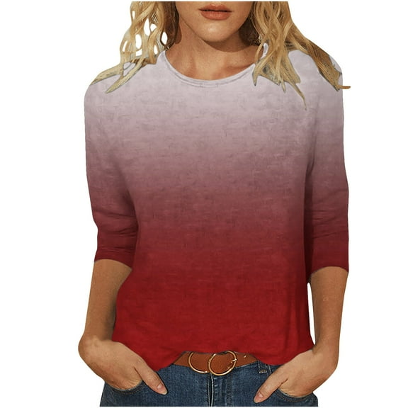 LYEAA Women's 3/4 Sleeve Tops and Blouses Crew Neck T-shirt Fashion Gradient Tees Loose Soft Comfortable Blouse Dressy Casual Breathable Trendy Clothing Red M