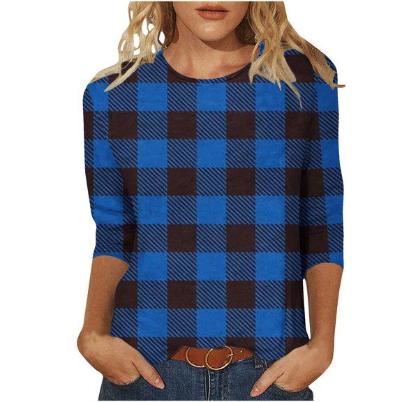 LYEAA Women's 3/4 Sleeve Tops and Blouses Plus Size Crew Neck T-shirt Fashion Checkered Tees Loose Soft Comfortable Blouse Dressy Casual Breathable Trendy Clothing Blue M