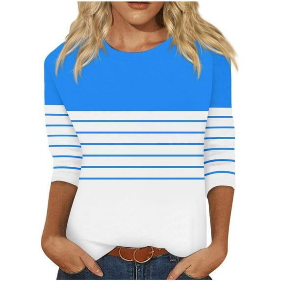 LYEAA Women's 3/4 Sleeve Tops T-Shirts Crew Neck shirts Fashion Color Block Striped Tees Loose Soft Comfortable Blouse Dressy Casual Breathable Trendy Clothing Blue XXL