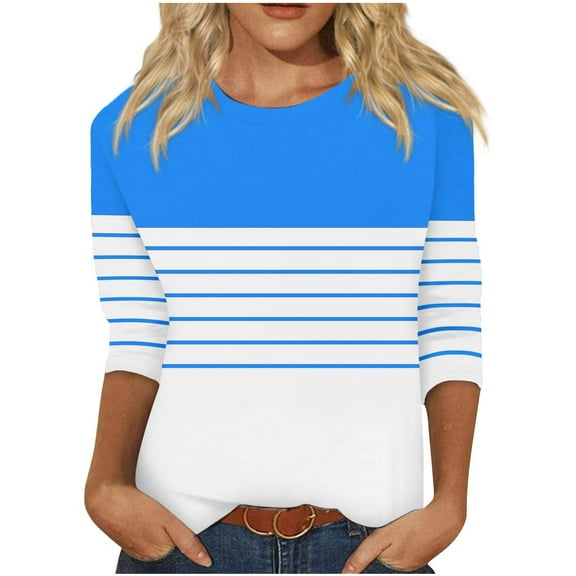 LYEAA Women's 3/4 Sleeve Tops T-Shirts Crew Neck shirts Fashion Color Block Striped Tees Loose Soft Comfortable Blouse Dressy Casual Breathable Trendy Clothing Blue XXL