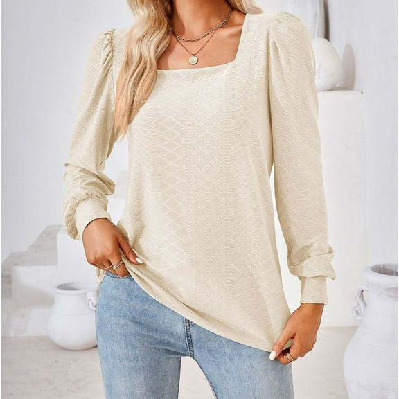LYEAA Women's Blouses Long Sleeve Shirt Warm Rectangular Neck Tops Stylish Solid Winter Pullover Comfortable Dressy Casual Outfits Loose Lightweight Clothes Beige XL
