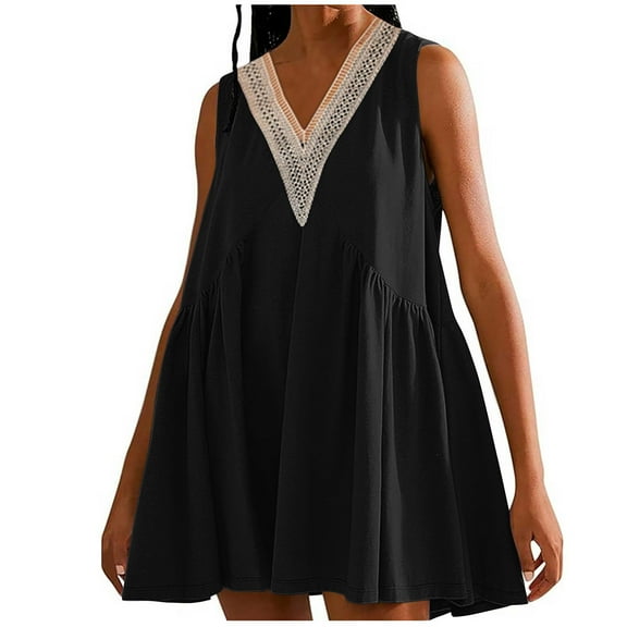 LYEAA Women's Casual Dresses Short Sleeveless Plus Size Elegant Loose Mini Sundress V Neck Solid Fashion Summer Cool Beach Vacation Comfortable Dresses Black XL
