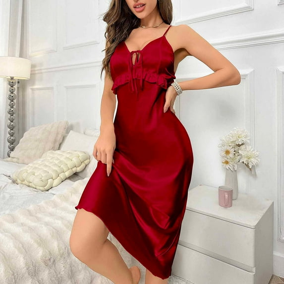 LYEAA Women's Long Summer Nightgowns Sleeveless Strappy Cozy Sling Night Gowns Chemise Solid V Neck Backless Loose Casual Soft Pajamas Sleepwear Loungewear Fashion Breathable Elegant Nightdress Red L
