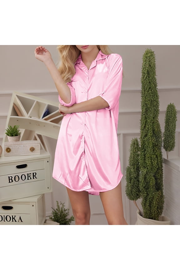 Women's Loose Nightgowns Short Sleeve Satin Cozy Summer Short Night Gowns Chemise Solid Casual Soft Pajamas Sleepwear Loungewear Fashion Breathable Elegant Sleepshirts Nightdress Pink XL