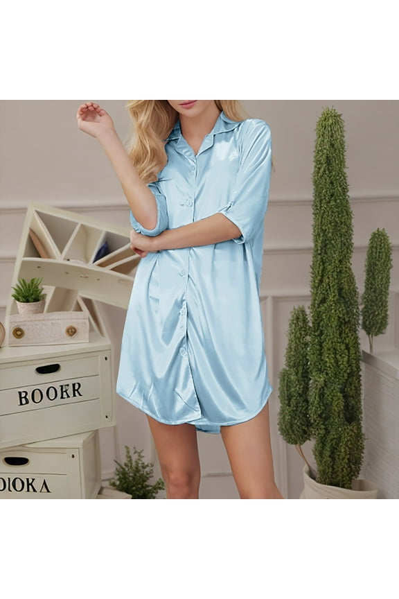 Women's Loose Nightgowns Short Sleeve Satin Cozy Summer Short Night Gowns Chemise Solid Casual Soft Pajamas Sleepwear Loungewear Fashion Breathable Elegant Sleepshirts Nightdress Blue XL