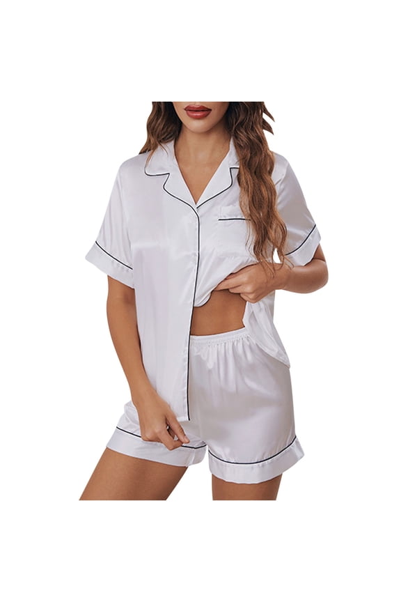 Women's Pajamas Loungewear Plus Size Valentine's Day Two Piece Soft Ice Silk Nightwear Set Short Sleeve Shirts with Shorts Cozy Button Outfits Ladies Loose Casual Sleepwear Sleepsuits White 2XL