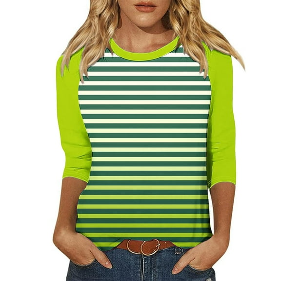 LYEAA Women's Tops 3/4 Inch Length Sleeves Crew Neck 3/4 Sleeve T-shirt Fashion Gradient Striped Tees Loose Soft Comfortable Blouse Dressy Casual Breathable Trendy Clothing Green M