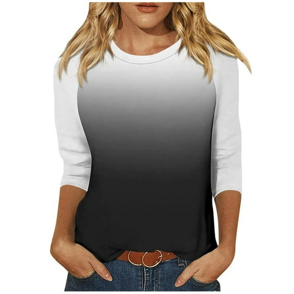LYEAA Women's Tops 3/4 Inch Length Sleeves Crew Neck 3/4 Sleeve T-shirt Fashion Color Block Gradient Tees Loose Soft Comfortable Blouse Dressy Casual Breathable Trendy Clothing Black S