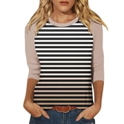 LYEAA Women's Tops 3/4 Sleeve Length Crew Neck T-shirt Fashion Gradient Striped Tees Loose Soft Comfortable Blouse Dressy Casual Breathable Trendy Clothing Brown M