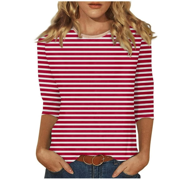 LYEAA Women's Tops 3/4 Sleeve Length Crew Neck T-shirt Striped Tees Loose Soft Comfortable Blouse Dressy Casual Breathable Trendy Clothing 2024 Fashion Clothes Red S