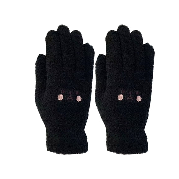 LYEAA Women's Winter Gloves Thermal Knit Thick Soft Cute Warm Fuzzy Gloves Solid Gloves Outdoor Elastic Cuff Gloves for Cold Weather Black One Size