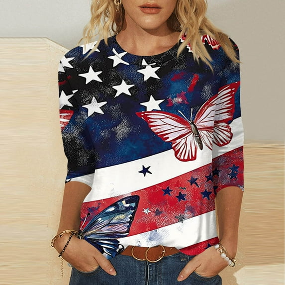 LYEAA Womens 3/4 Length Sleeve Independence Day T-Shirt USA Patriotic Print Round Neck Casual Summer Top Beach Vacation Cotton Blouse Blue M