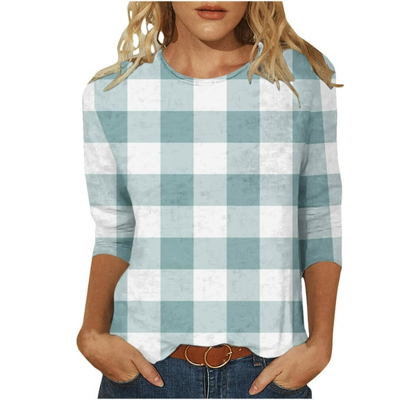 LYEAA Womens 3/4 Length Sleeve Tees Plus Size Crew Neck 3/4 Sleeve T-shirt Fashion Checkered Tees Loose Soft Comfortable Blouse Dressy Casual Breathable Trendy Clothing Green XXXL