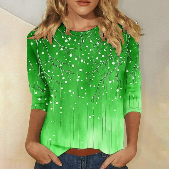 LYEAA Womens 3/4 Sleeve Crew Neck T-Shirt Lightweight Loose Fit Casual Top with Side Slits, Stretchy Summer Clothes for Travel Daily Use Green L