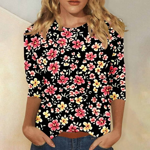 LYEAA Womens 3/4 Sleeve Printed Round Neck T-Shirt Oversized Casual Top with Side Slits Beach Cover Up Spring Wear Multicolor XXXXXL