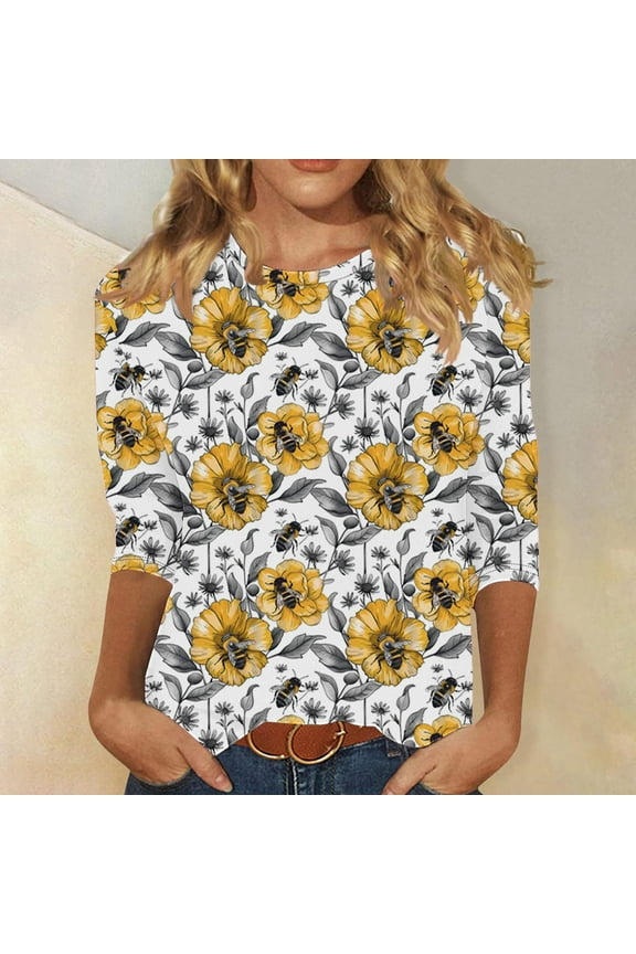 Womens 3/4 Sleeve Round Neck Blouse Printed Bee Pattern Loose Fit Tunic Top Lightweight Fabric for Music Festivals Multicolor XXL