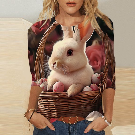 LYEAA Womens 3/4 Sleeve T-Shirts Easter Pattern Loose Fit Cotton Top Casual Spring Outfit Party Wear Soft Fabric with Round Neck Design Pink XXL