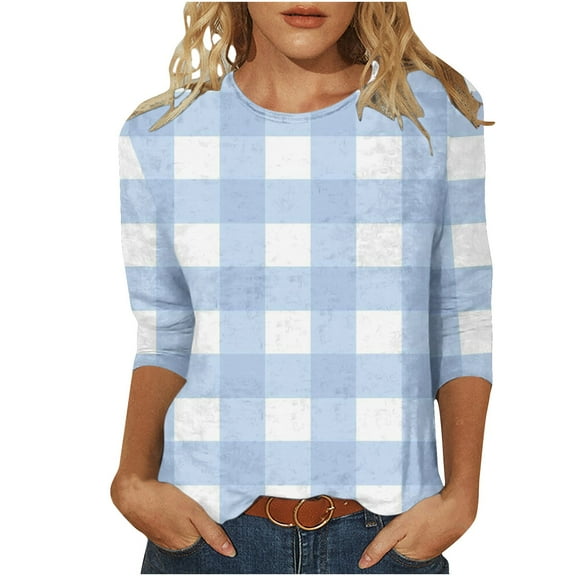 LYEAA Womens 3/4 Sleeve Tops Casual Plus Size Crew Neck T-shirt Fashion Checkered Tees Loose Soft Comfortable Blouse Dressy Breathable Trendy Clothing Blue M