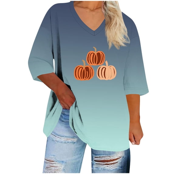 LYEAA Womens 3/4 Sleeve Tops Halloween Pumpkin Print T Shirt Spooky Season Plus Size V Neck Tunic Shirts Fall Clothes Green XL