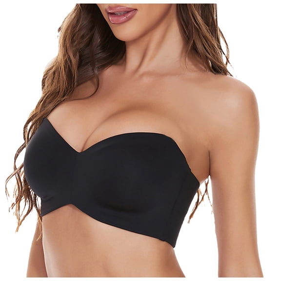 LYEAA Womens Bras with Underwire Plus Size No Padding Strapless Convertible Push Up Bandeau Solid Removable strap Support Non-Slip Breathable Comfortable Thin Soft Sleeping Everyday Bra Black 44/100C