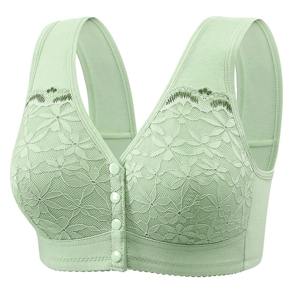 LYEAA Womens Bras No Wire Plus Size Front Closure Lace Push up Wireless Daily Bras Wirefree Wide Strap Lift Soft Bralette Breathable Comfort Sleeping Bras for Elderly Green 38/85