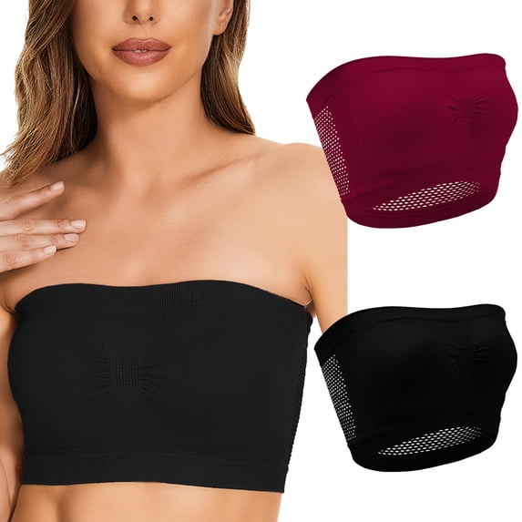LYEAA Womens Bras No Wire Plus Size Pack of 2 Wireless Padded Strapless Stretch Push Up Bandeau Solid Seamless Invisible Support Non-Slip Breathable Comfortable Soft Sleeping Everyday Bra Red 5XL