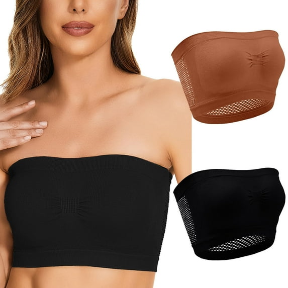 LYEAA Womens Bras No Wire Plus Size Pack of 2 Wireless Padded Strapless Stretch Push Up Bandeau Solid Seamless Invisible Support Non-Slip Breathable Comfortable Soft Sleeping Everyday Bra Brown XL