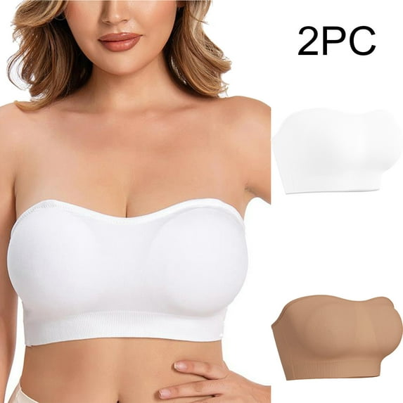 LYEAA Womens Bras No Wire Push up Pack of 2 Wireless Plus Size Padded Strapless Convertible Stretch Bandeau Solid Seamless Invisible Support Clear Strap Breathable Comfort Soft Everyday Bra White S