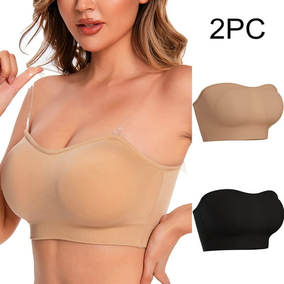 LYEAA Womens Bras No Wire Push up Pack of 2 Wireless Plus Size Padded Strapless Convertible Stretch Bandeau Solid Seamless Invisible Support Clear Strap Breathable Comfort Soft Everyday Bra Beige M