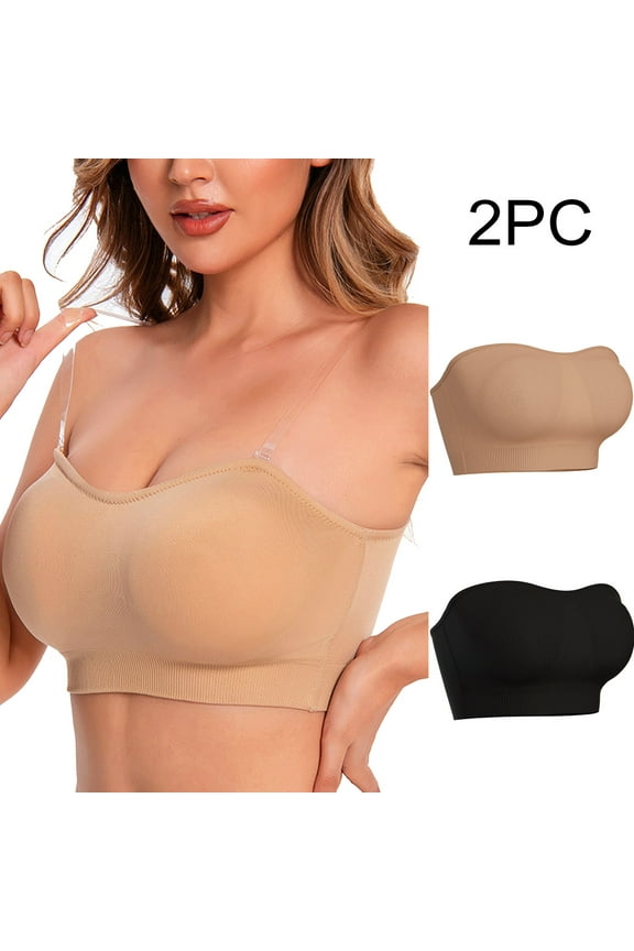 Womens Bras No Wire Push up Pack of 2 Wireless Plus Size Padded Strapless Convertible Stretch Bandeau Solid Seamless Invisible Support Clear Strap Breathable Comfort Soft Everyday Bra Beige XL