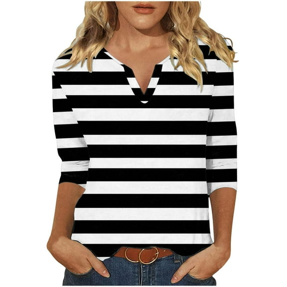 LYEAA Womens Casual Tops 3/4 Sleeves V Neck T-shirt Striped Tees Loose Soft Comfortable Blouse Dressy Breathable Trendy Clothing 2024 Fashion Clothes Black M