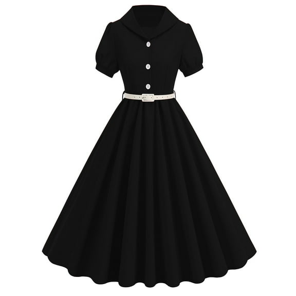 LYEAA Womens Cocktail Dresses Short Sleeve Lapel Collared Midi Dress Elegant Dress A-line Plain Belted Dress Button Dress 1950s Vintage Holiday Party Dress Ball Gown Wedding Guest Dress Black M